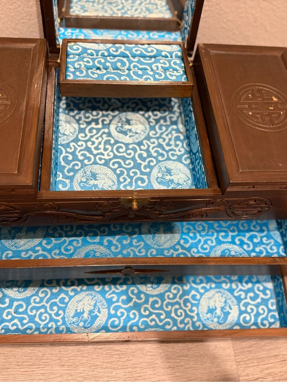 Decorative Blue Fabric-Lined Jewelry Box with Mirror - Brand Unspecified